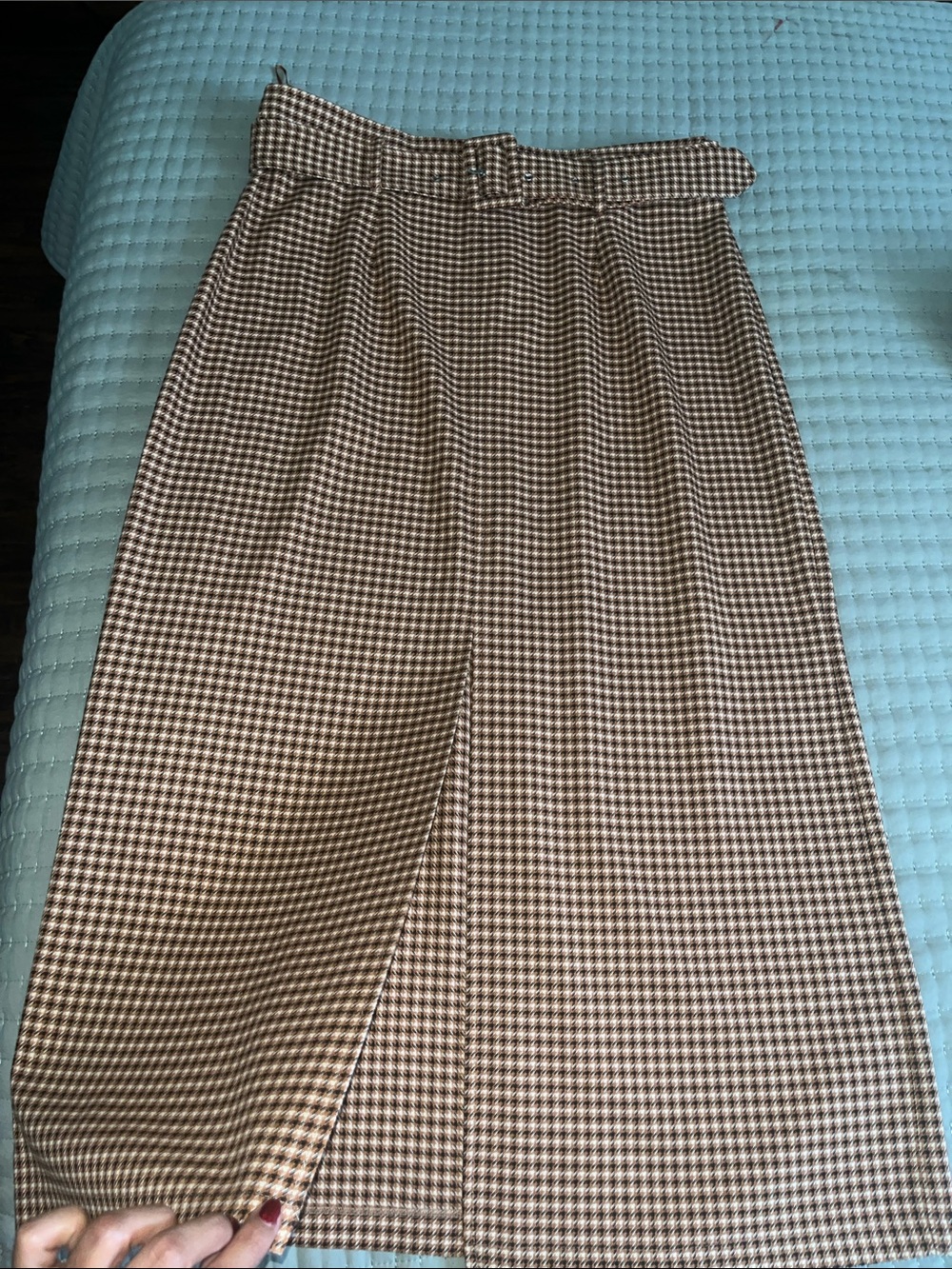 Topshop Belted Houndstooth Check Slit Midi Skirt - Brown - US 12  High Waisted